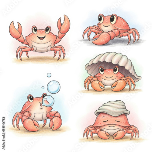 Cartoon crabs in various playful happy poses and costumes