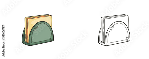 Napkin holder with napkins in cartoon and line art style green and yellow colors representing table setting and cafe equipment for kitchen interior design on white background