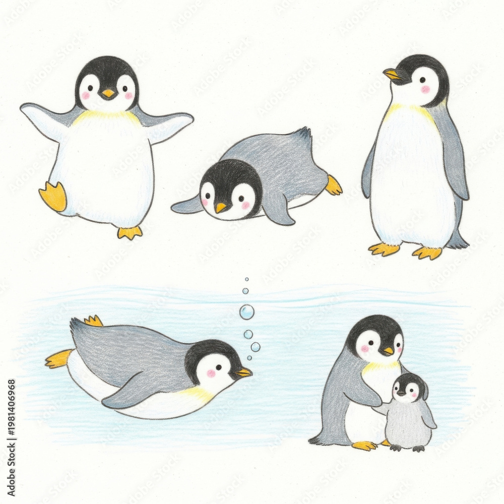 Obraz premium Penguin family swimming and playing together happily