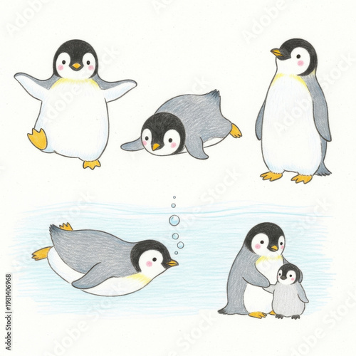 Penguin family swimming and playing together happily