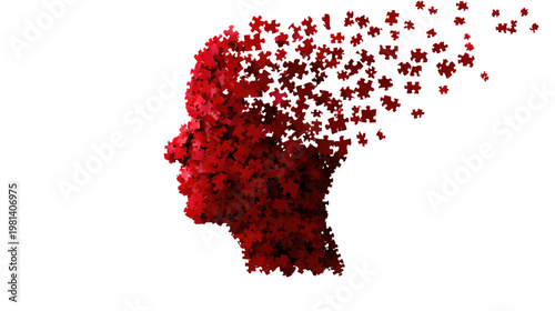 Deconstructing the Mind: An artistic representation of the human mind, formed by interconnected puzzle pieces, with some pieces drifting apart, symbolizing complex thoughts.