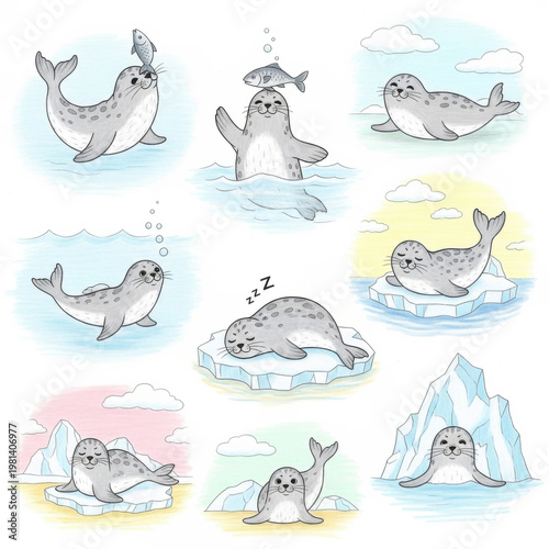 Seal illustrations in various playful happy poses and scenes