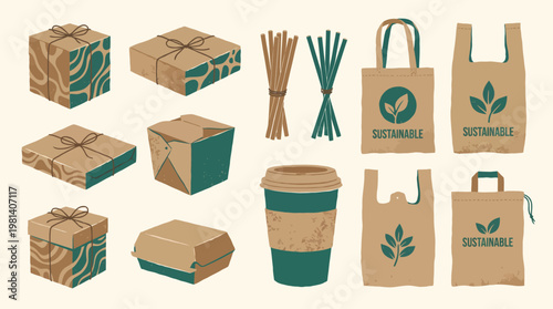 Sustainable eco friendly packaging set with recycled paper boxes biodegradable coffee cup reusable fabric tote bags bamboo straws and organic branding with leaf logo for zero waste retail and environm