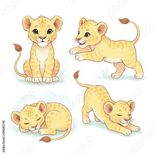 Cute Lion Cubs in Various Playful Poses Illustration