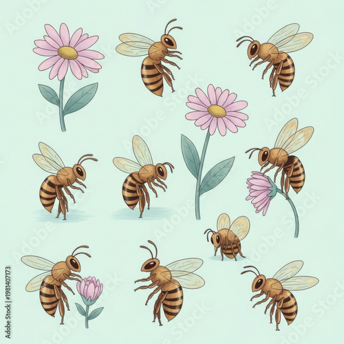 Bees flying around pink flowers on light green background