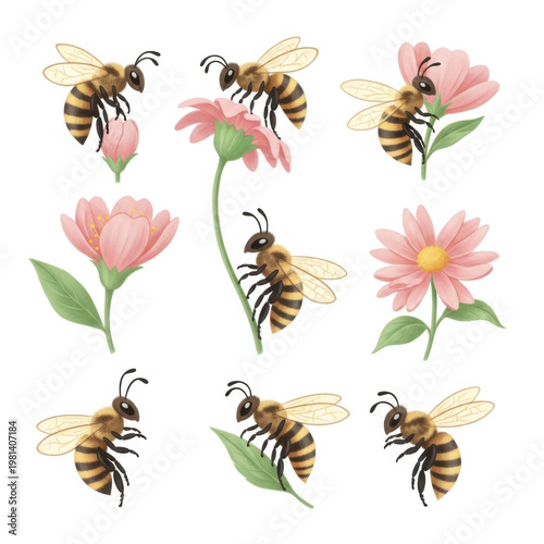 Bees flying around pink flowers in a garden setting