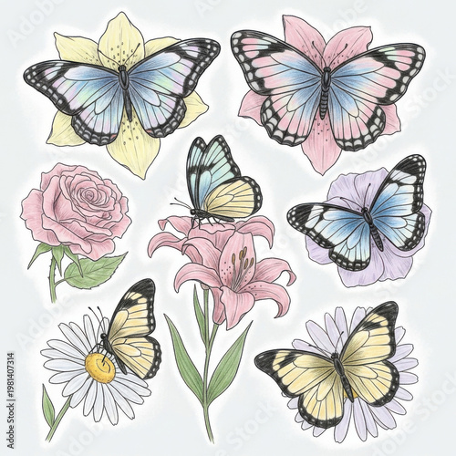 Colorful butterflies and flowers illustration set