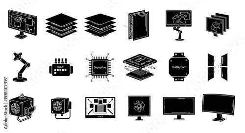 Set of 18 different black silhouette icons illustrating monitor hardware and display technology components. Features modern screen systems, connectivity modules, control boards, and futuristic display
