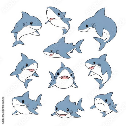 Cartoon sharks in various playful poses and expressions