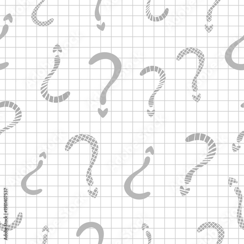 Grey monochrome question mark seamless pattern on checkered background. Decorative punctuation mark and FAQ, light gray vector backdrop