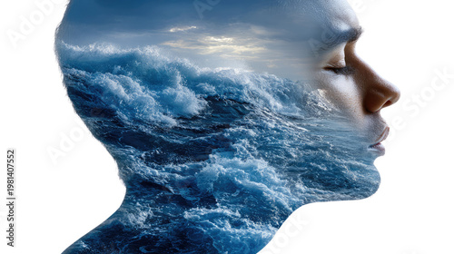 Oceanic Mind: A captivating composition artfully blends the human visage with the dynamic essence of the ocean, evoking a profound sense of inner depths and tranquility.
