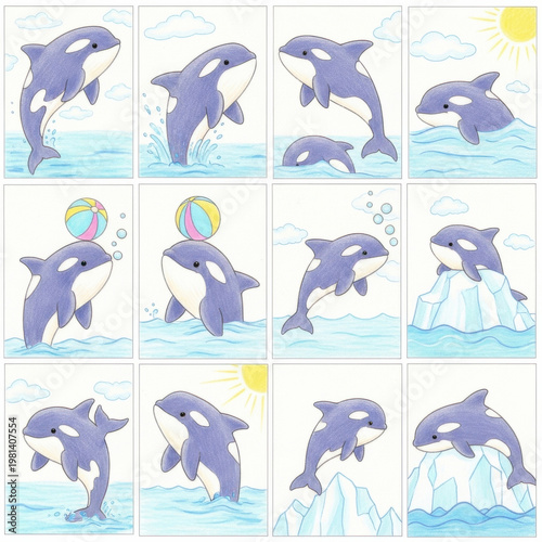 Orca Whale Illustrations in Various Scenes and Poses