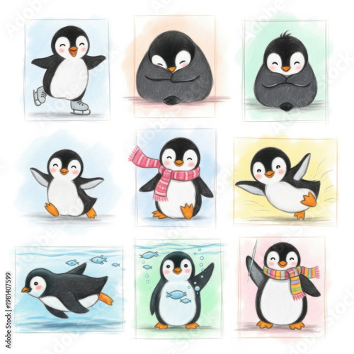 Adorable penguins in various winter poses and outfits