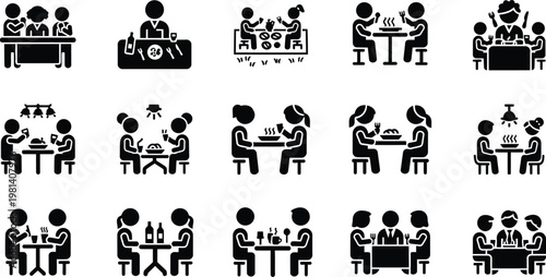 People eating and drinking icons: social gatherings and meals with drinking breakfast restaurant gathering silhouette