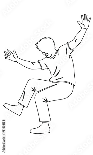 Line art illustration of a young man losing his balance and falling backwards
