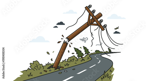 Broken Power Pole Collapse After Natural Disaster Road Damage Vector Illustration
