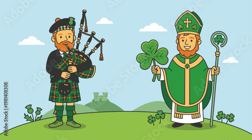 United Kingdom Traditional Costume Characters Scotland Irish Cartoon People Vector