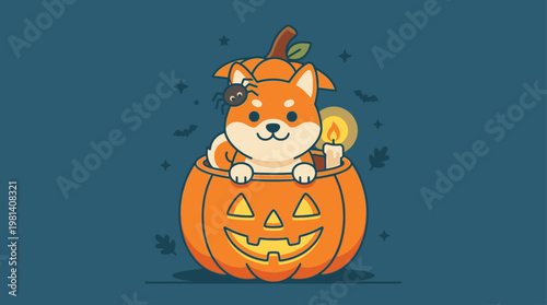 Cute Shiba Inu Dog Halloween Pumpkin Costume With Candle And Spider Cartoon Vector Illustration
