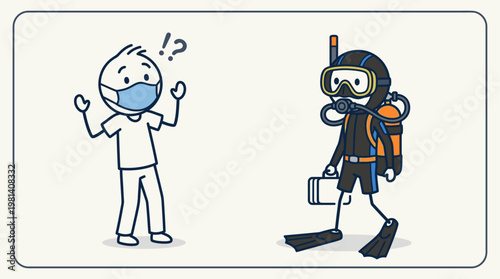 Funny Shocked Man Face Mask Watching Scuba Diver Covid Concept Cartoon Vector