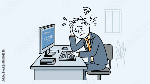 Tired Businessman Typing Computer Frustrated Work Stress Cartoon Concept Vector