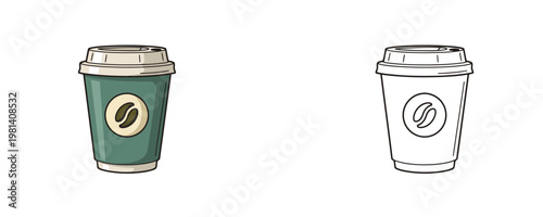 Disposable coffee cup with lid in cartoon and line art style green and beige colors representing takeaway drink and cafe service for morning breakfast on white background