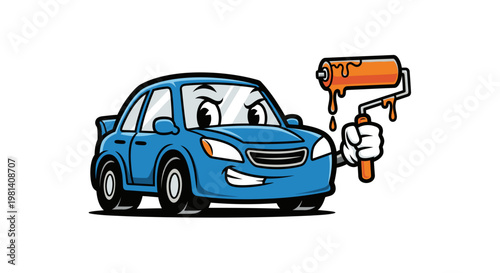 Blue Car Character Holding Paint Roller Vector Illustration for Automotive Painting and Auto Body Shop Services