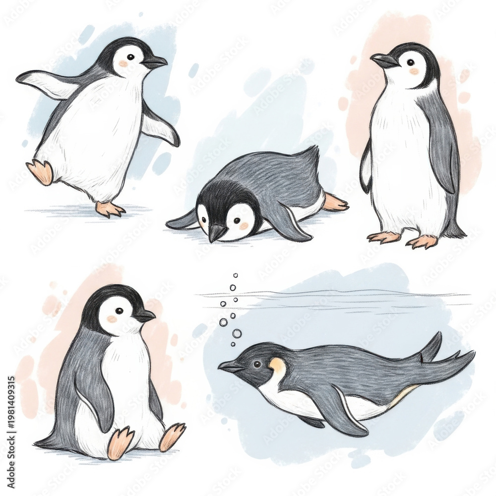 Obraz premium Adorable Penguin Illustrations in Various Playful Poses and Actions
