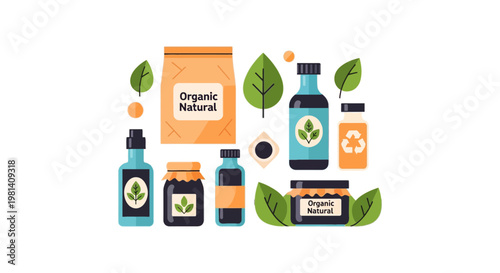 Organic Natural Products Vector Illustration Set with Eco-friendly Packaging for Sustainable Lifestyle