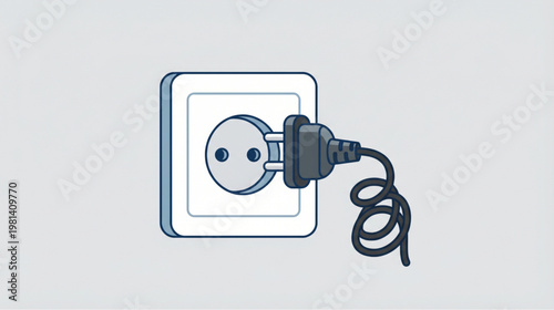 A clean and minimalist 2D vector illustration featuring a dark grey or black power plug with a coiled cable moving towards a standard white square wall socket.