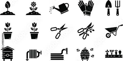 Gardening tools and plants icon set: flowers watering can pots beehive symbols with pruning shears black and white scissors