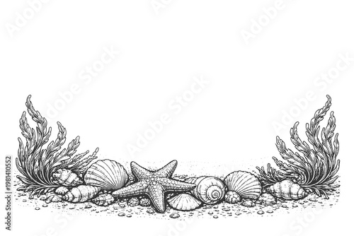 Marine life bottom border vector illustration in hand drawn engraving style, vintage sea shells and seaweed frame for nautical beach design projects.