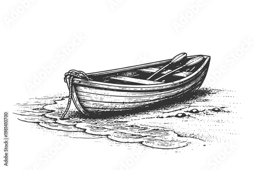 Wooden rowboat on the beach vector illustration in hand drawn engraving style, vintage nautical boat sketch for marine and coastal landscape design.