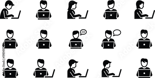 Collection of diverse icons depicting people using laptops and engaging in communication representing remote work online