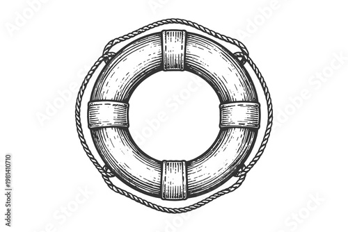 Fotografija Nautical lifebuoy ring vector illustration in hand drawn engraving style, vintage marine safety equipment icon for maritime and nautical designs