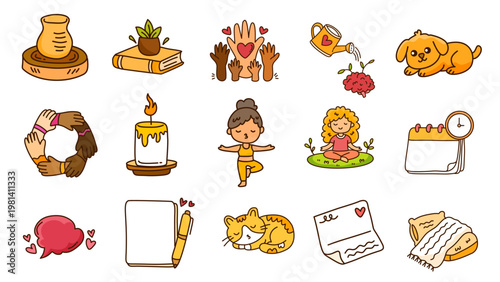 Set of wellness and pottery icons featuring meditation yoga and creative crafts