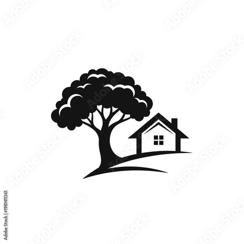 A monochrome illustration of a house on a hill next to a large, leafy tree