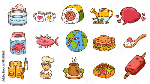 Food and hobby icons collection showing sushi fishing sandwich and globe Earth