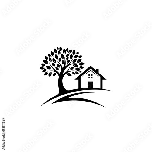 A silhouette of a house nestled near a leafy tree, atop a gentle curved hill, white background