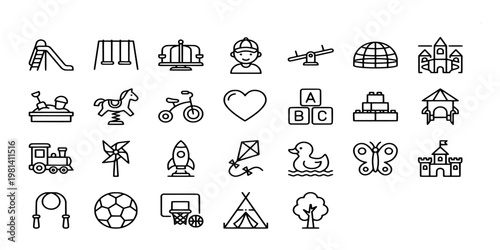 icon set collection of playground equipment and kids' toys including slides, swings, and outdoor park activities for children's recreation.