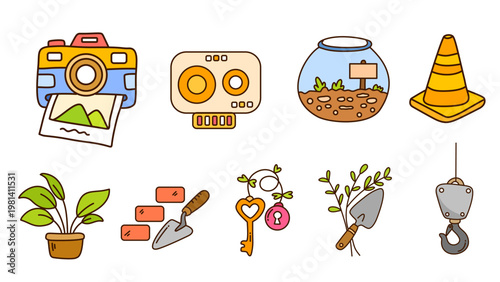 Construction and gardening icons with tools camera plants and safety cone symbol