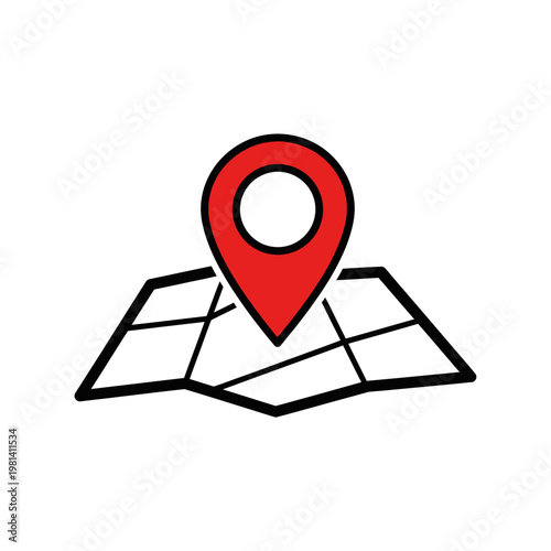A red location marker icon on a stylized black-lined map, set against a pristine white background