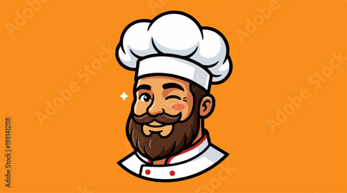 Cartoon chef with beard smiling.