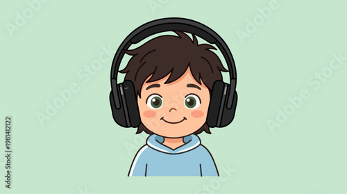 Cartoon kid wearing headphones smiling.