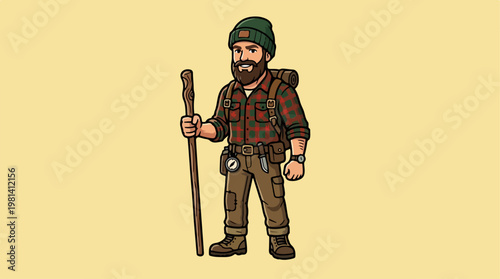 Cartoon man with hiking stick.
