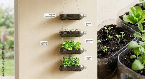 Recycled plastic bottles hanging garden for eco-friendly home decor and sustainable living marketing, realistic photography