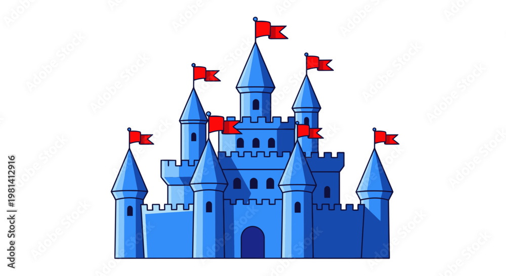 Fototapeta premium Blue Medieval Castle Fortress Vector Illustration, Flat Style Graphic Design Element Featuring Tall Towers and Red Flags Isolated on White Background
