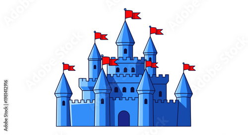 Blue Medieval Castle Fortress Vector Illustration, Flat Style Graphic Design Element Featuring Tall Towers and Red Flags Isolated on White Background