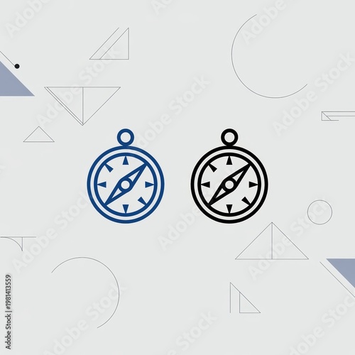 Two minimalist compass in blue and black outlines on a light gray background, with geometric shapes