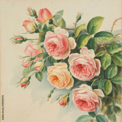 Vintage watercolor painting of pink and peach roses with lush green leaves on a soft cream colored background