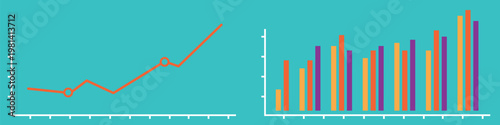 Growth trends line and bar chart visualization. Vector on teal background